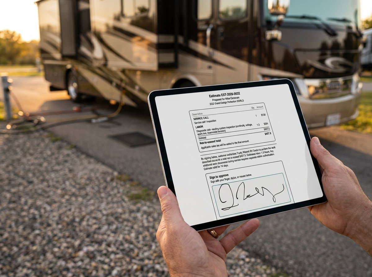 A mobile RV tech holds a tablet beside a motorhome in the evening light, showing a repair estimate the customer has just signed on screen.