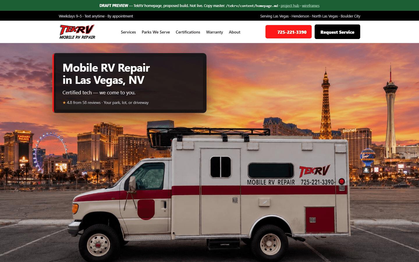 A locally rooted site we built for a mobile RV repair tech in Las Vegas: his truck in front of the Strip at sunset, 4.8 stars from 58 Google reviews, call and request-service buttons front and center.